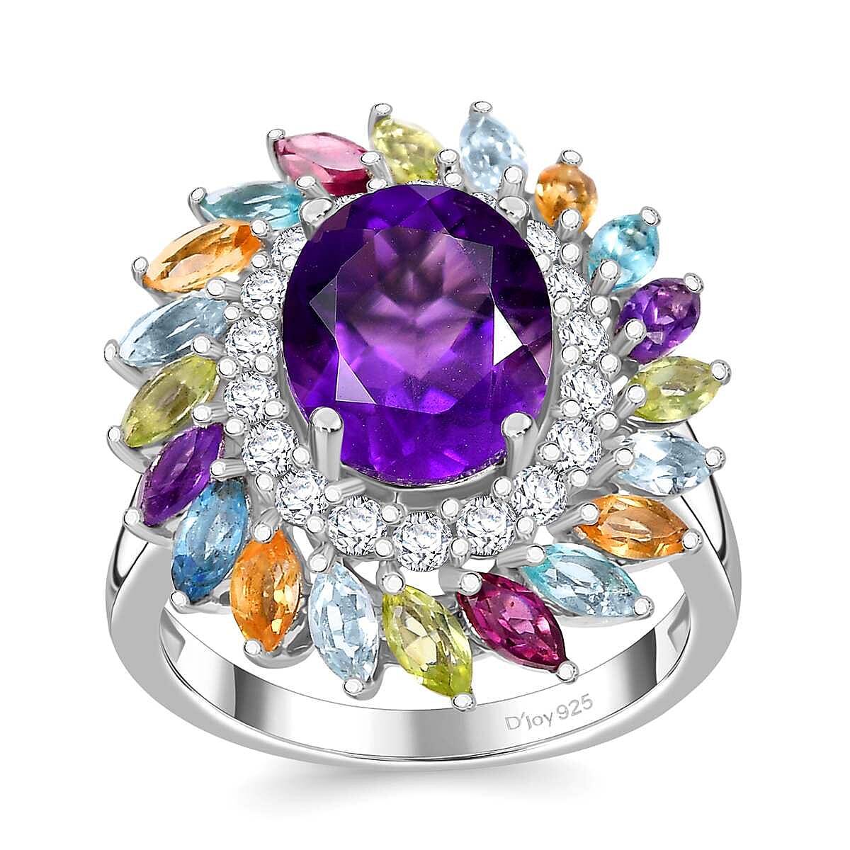 D'Joy African Amethyst and Multi Gemstone 4.50 ctw Floral Ring in Rhodium Over Sterling Silver (Size 10.0)