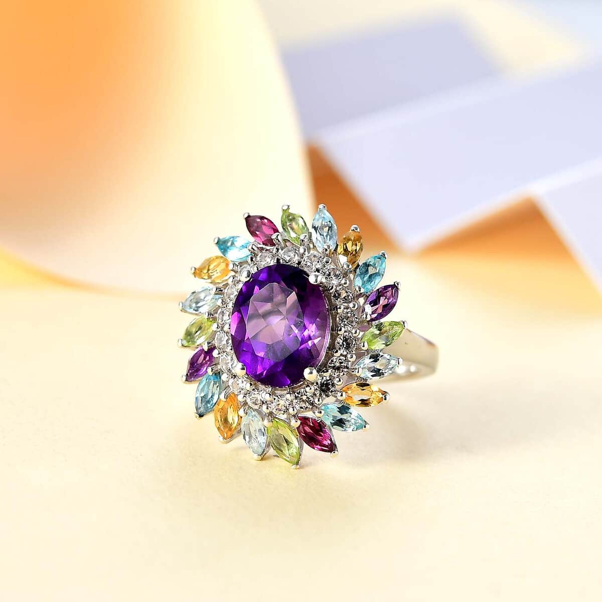 African Amethyst and Multi Gemstone 4.50 ctw Floral Ring in Rhodium Over Sterling Silver (Size 10.0) image number 1