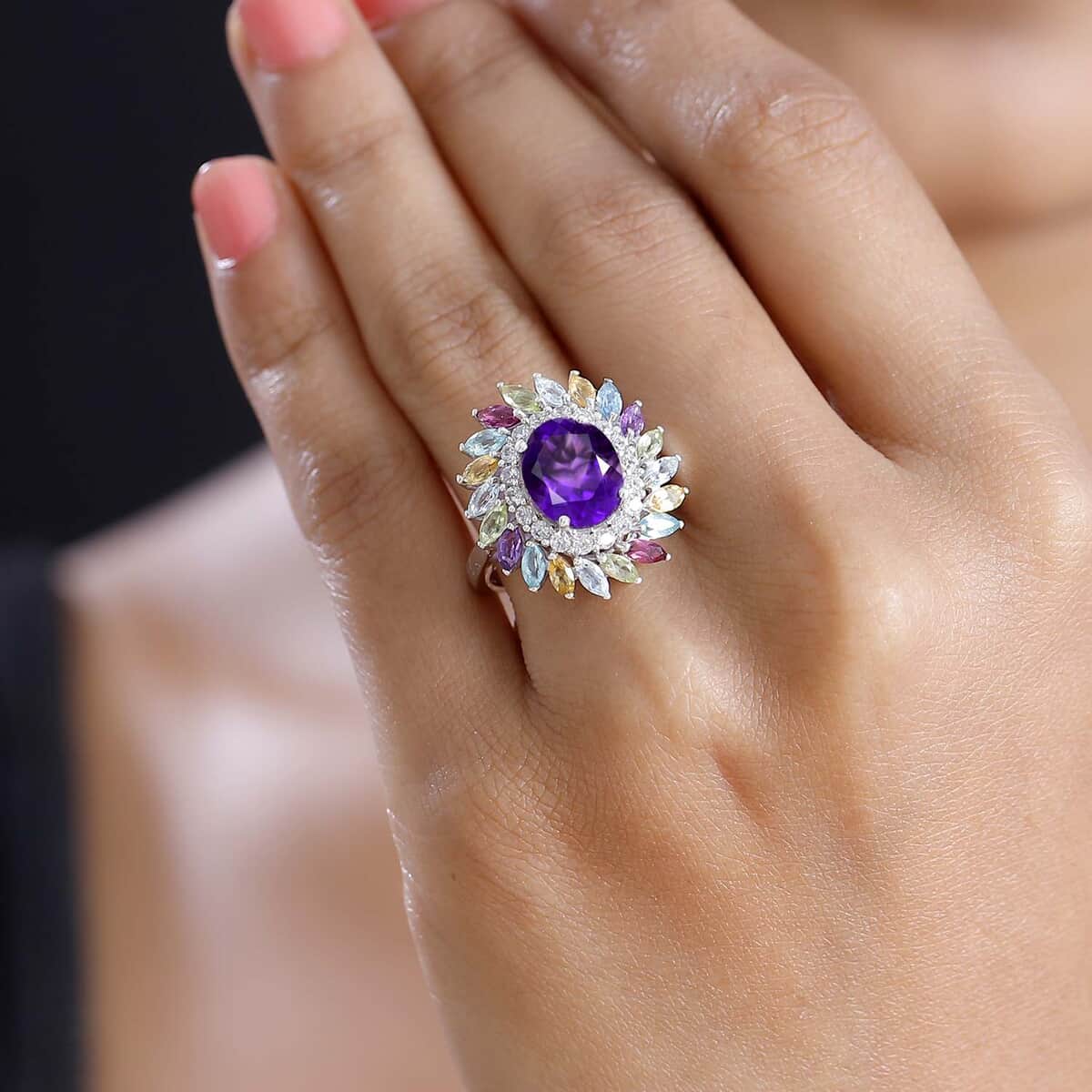 African Amethyst and Multi Gemstone 4.50 ctw Floral Ring in Rhodium Over Sterling Silver (Size 10.0) image number 2