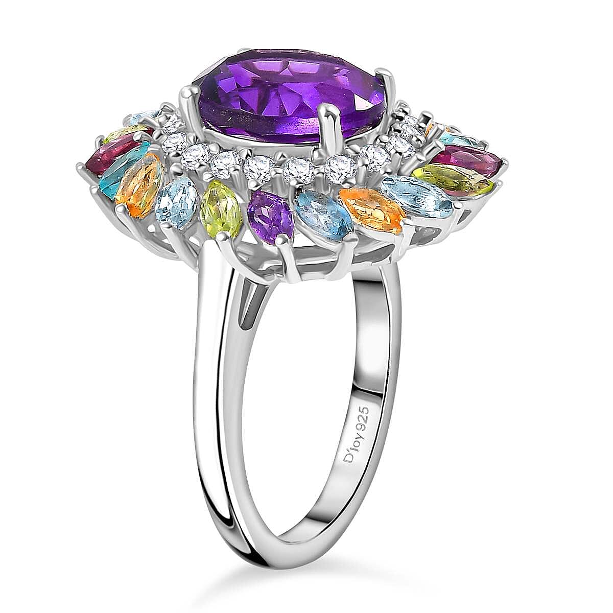 D'Joy African Amethyst and Multi Gemstone 4.50 ctw Floral Ring in Rhodium Over Sterling Silver (Size 10.0)