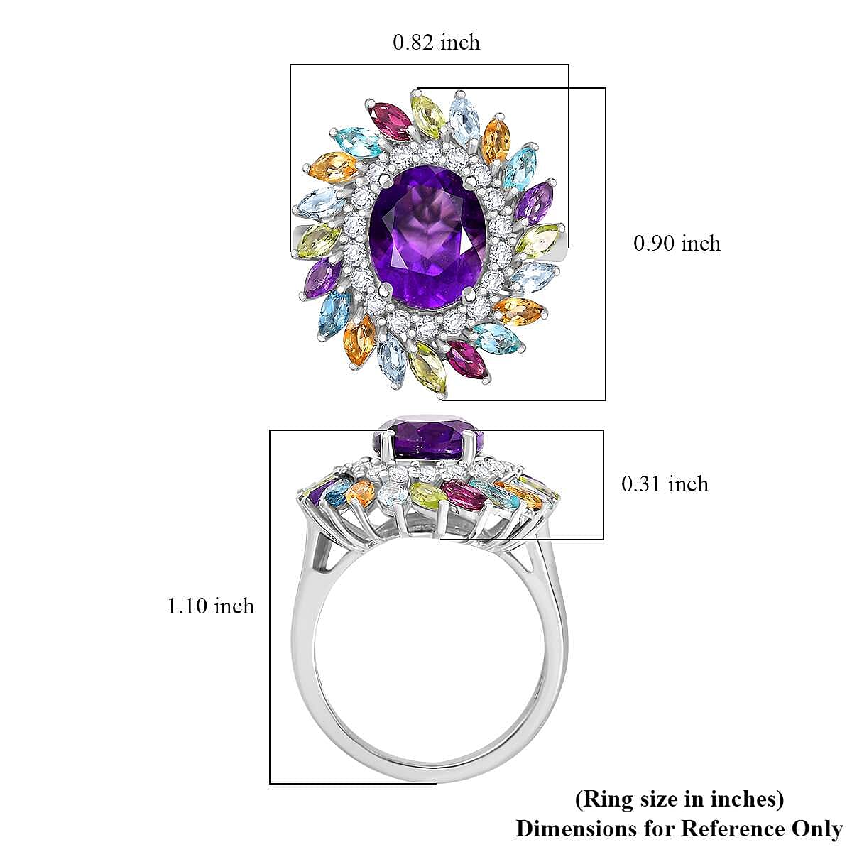 D'Joy African Amethyst and Multi Gemstone 4.50 ctw Floral Ring in Rhodium Over Sterling Silver (Size 10.0)