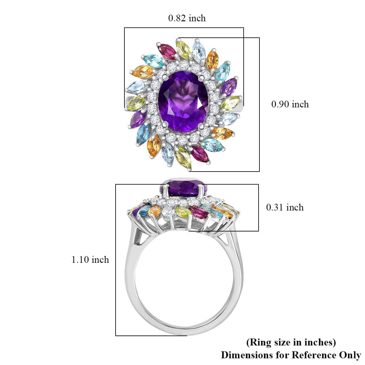 African Amethyst and Multi Gemstone 4.50 ctw Floral Ring in Rhodium Over Sterling Silver (Size 10.0) image number 5