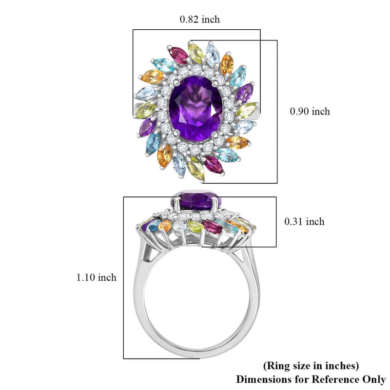 D'Joy African Amethyst and Multi Gemstone 4.50 ctw Floral Ring in Rhodium Over Sterling Silver (Size 10.0)
