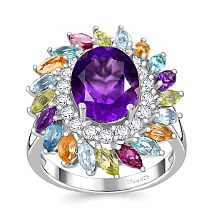D'Joy African Amethyst and Multi Gemstone 4.50 ctw Floral Ring in Rhodium Over Sterling Silver (Size 7.0)