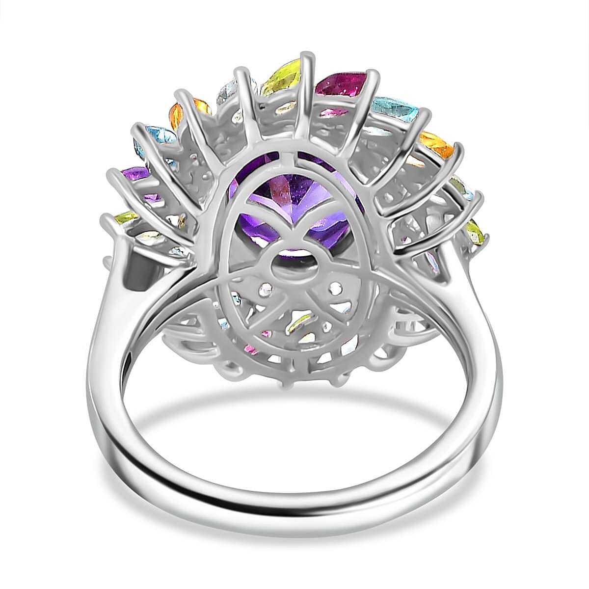 D'Joy African Amethyst and Multi Gemstone 4.50 ctw Floral Ring in Rhodium Over Sterling Silver (Size 8.0) image number 4