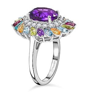 D'Joy African Amethyst and Multi Gemstone 4.50 ctw Floral Ring in Rhodium Over Sterling Silver (Size 9.0)