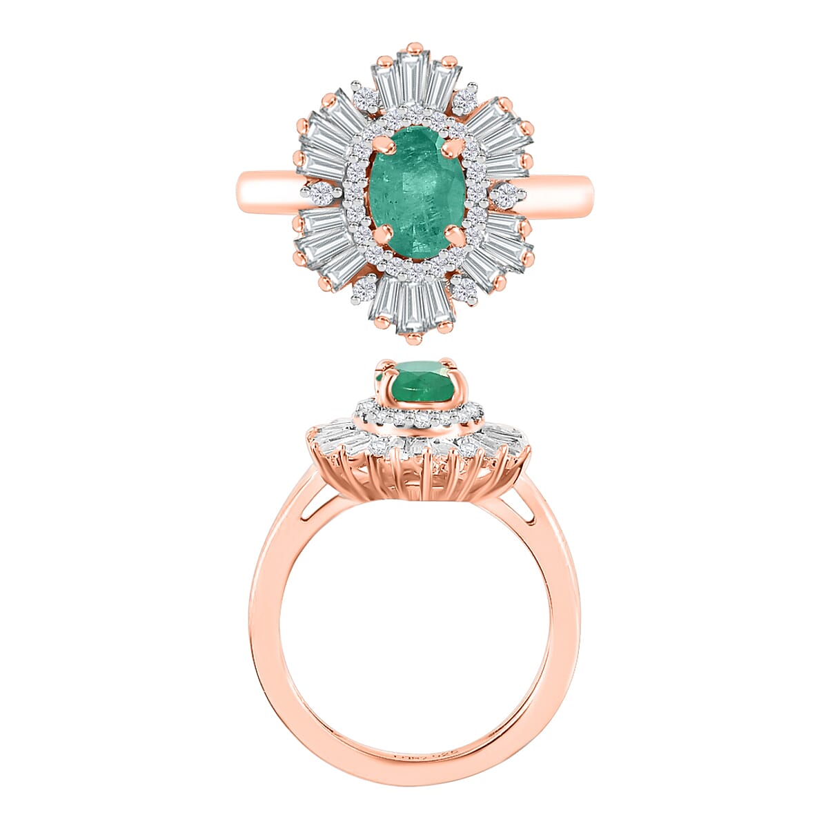 Luxoro Premium Kagem Zambian Emerald and G-H I1 Diamond 1.55 ctw Ring in 14K Rose Gold (Size 12.0) image number 3