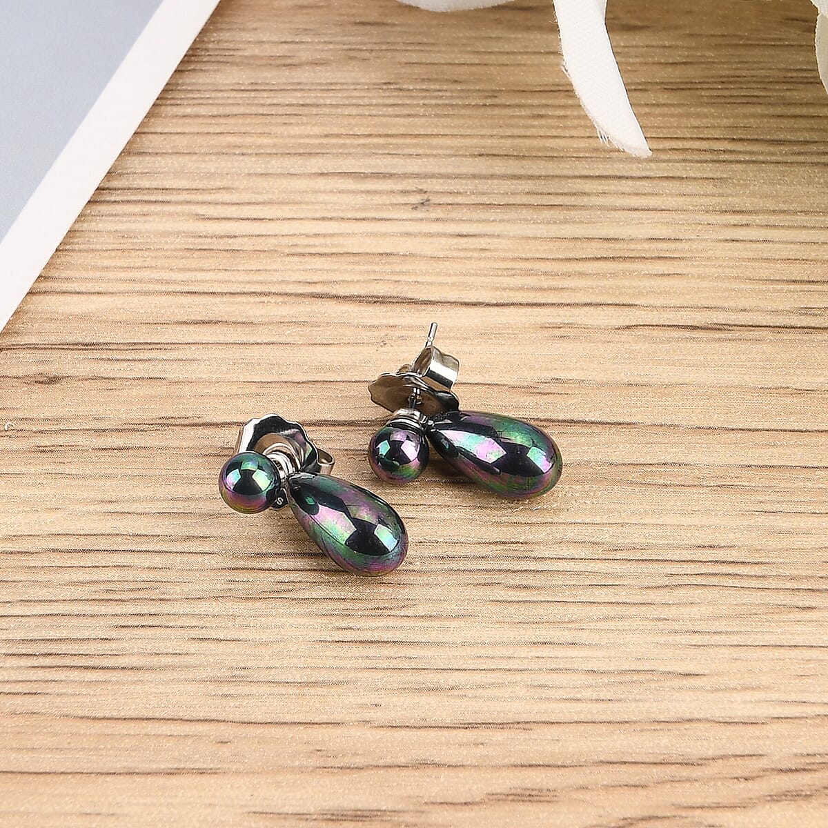 Peacock Color Shell Pearl 6mm Drop Earrings in Stainless Steel image number 1