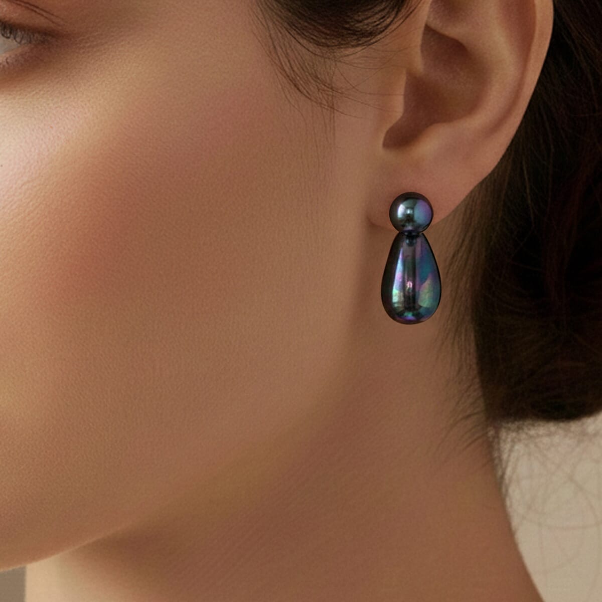 Peacock Color Shell Pearl 6mm Drop Earrings in Stainless Steel image number 2