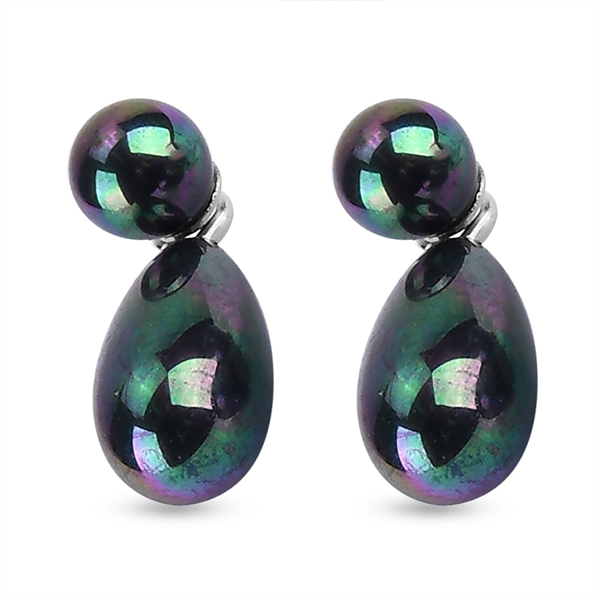 Peacock Color Shell Pearl 6mm Drop Earrings in Stainless Steel image number 3