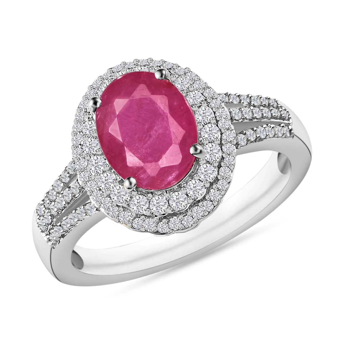 Luxoro Premium Mozambique Ruby and G-H I1 Diamond 3.20 ctw Double Halo Ring in 14K White Gold (Size 10.0) image number 0