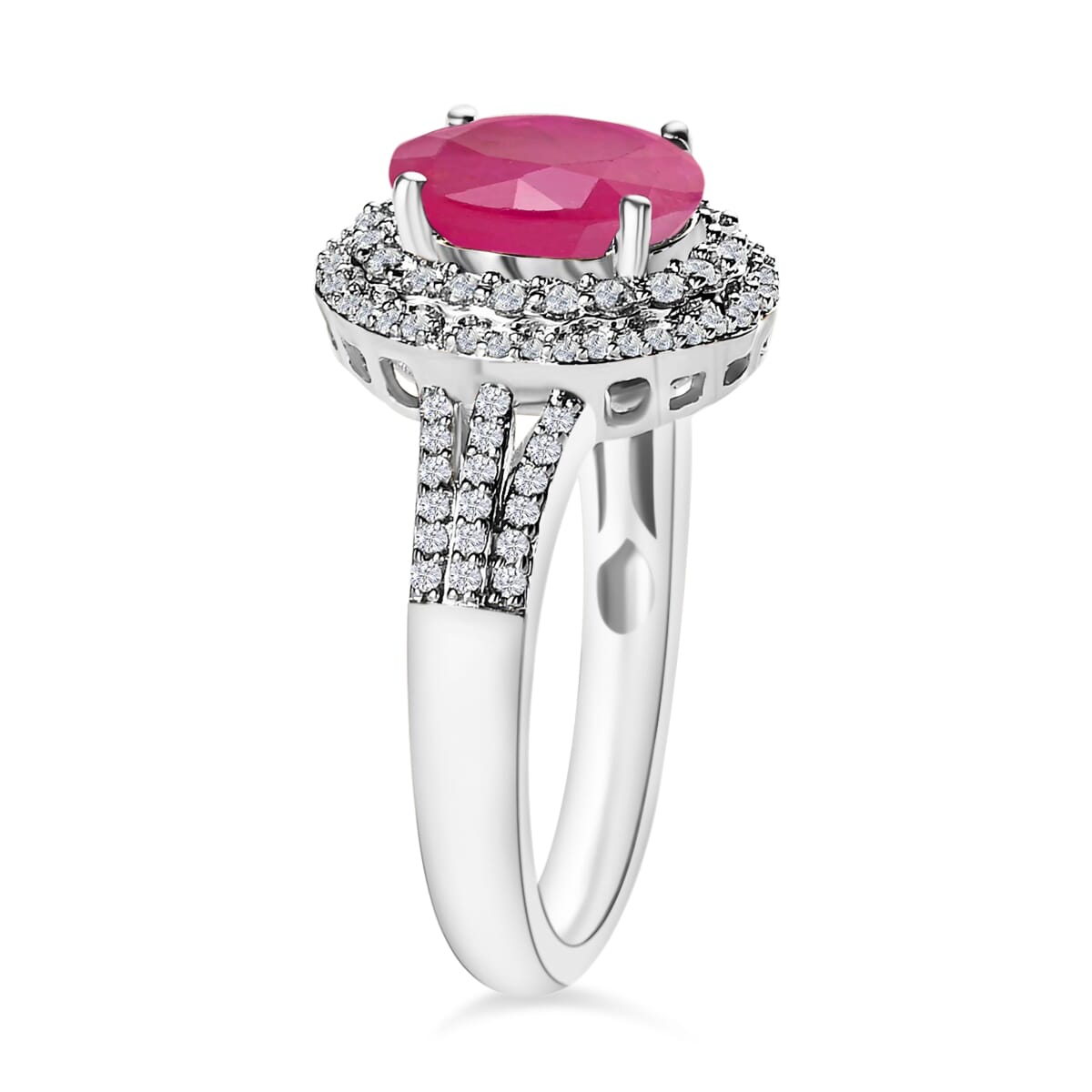 Luxoro Premium Mozambique Ruby and G-H I1 Diamond 3.20 ctw Double Halo Ring in 14K White Gold (Size 10.0) image number 2