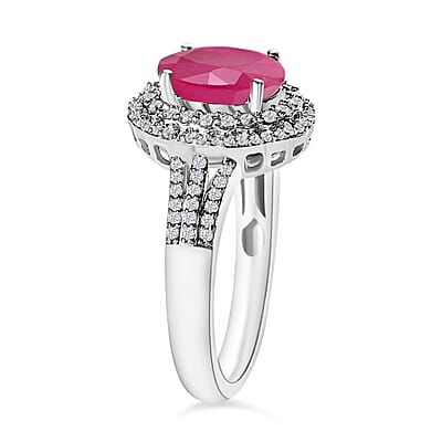 Luxoro Premium Mozambique Ruby and G-H I1 Diamond 3.20 ctw Double Halo Ring in 14K White Gold (Size 10.0) 6.85 Grams