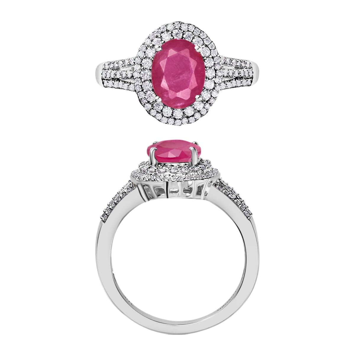 Luxoro Premium Mozambique Ruby and G-H I1 Diamond 3.20 ctw Double Halo Ring in 14K White Gold (Size 10.0) image number 3