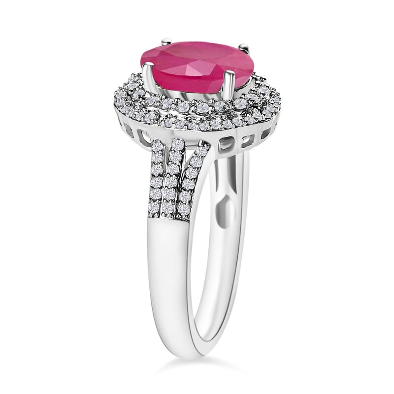 Luxoro Premium Mozambique Ruby and G-H I1 Diamond 3.20 ctw Double Halo Ring in 14K White Gold (Size 10.5) 6.85 Grams