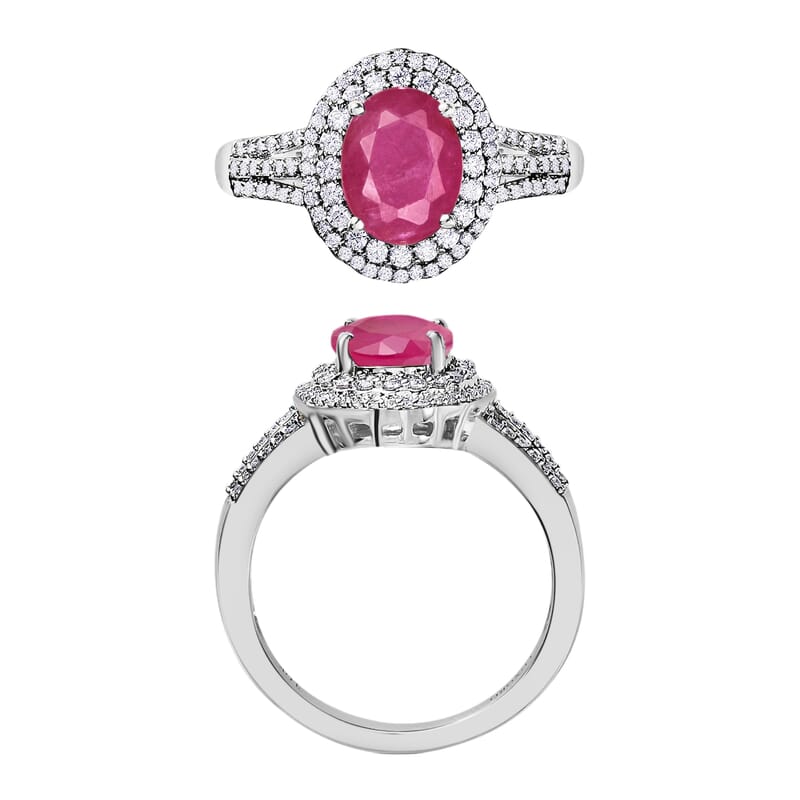 Luxoro Premium Mozambique Ruby and G-H I1 Diamond 3.20 ctw Double Halo Ring in 14K White Gold (Size 10.5) 6.85 Grams
