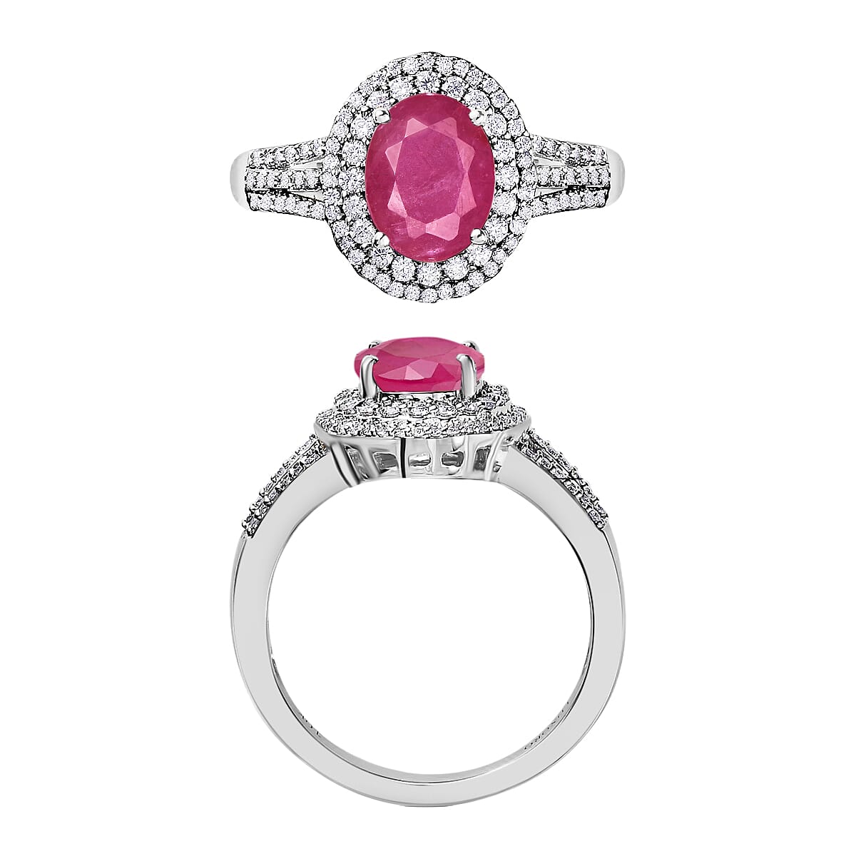 Luxoro Premium Mozambique Ruby and G-H I1 Diamond 3.20 ctw Double Halo Ring in 14K White Gold (Size 10.0) image number 3