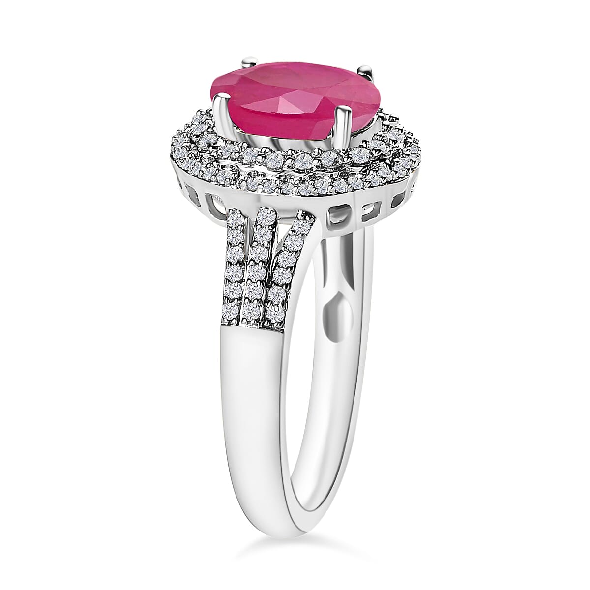 Luxoro Premium Mozambique Ruby and G-H I1 Diamond 3.20 ctw Double Halo Ring in 14K White Gold (Size 8.0) (Del. in 10-12 Days) image number 2
