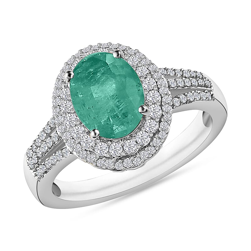 Luxoro Premium Kagem Zambian Emerald and G-H I1 Diamond 2.40 ctw Double Halo Ring in 14K White Gold (Size 10.0) 6.85 Grams