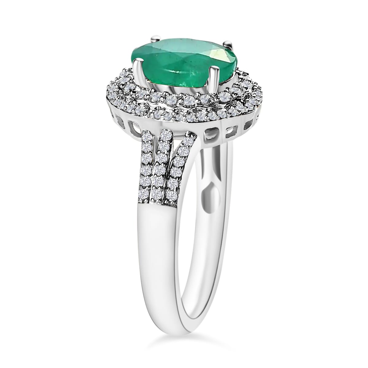 Luxoro Premium Kagem Zambian Emerald and G-H I1 Diamond 2.40 ctw Double Halo Ring in 14K White Gold (Size 10.0) image number 2