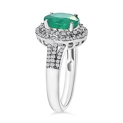 Luxoro Premium Kagem Zambian Emerald and G-H I1 Diamond 2.40 ctw Double Halo Ring in 14K White Gold (Size 10.0) 6.85 Grams