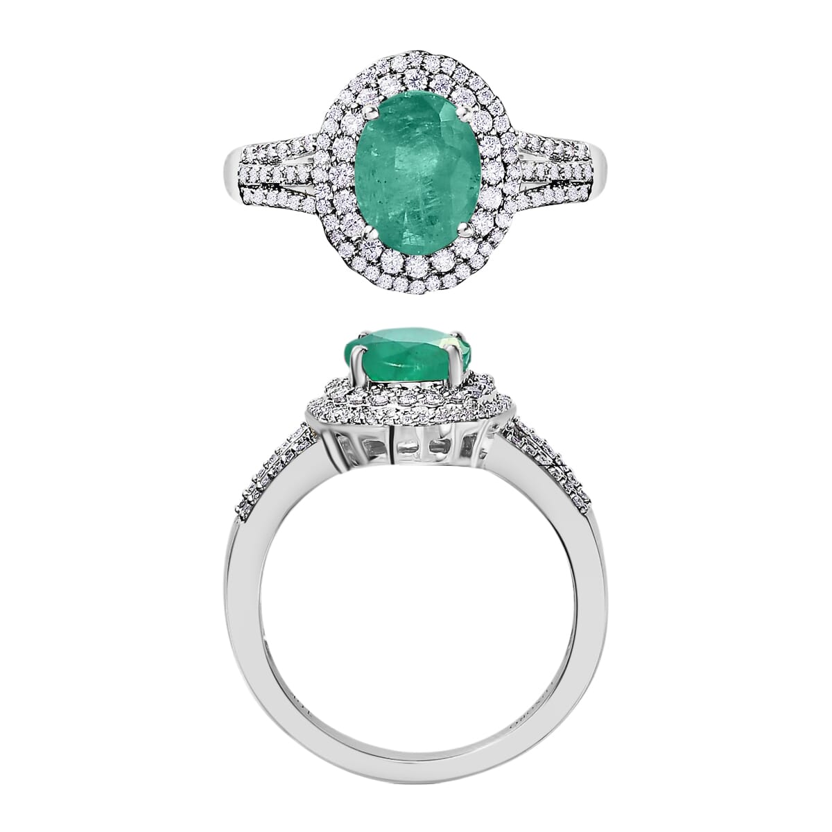 Luxoro Premium Kagem Zambian Emerald and G-H I1 Diamond 2.40 ctw Double Halo Ring in 14K White Gold (Size 10.0) image number 3