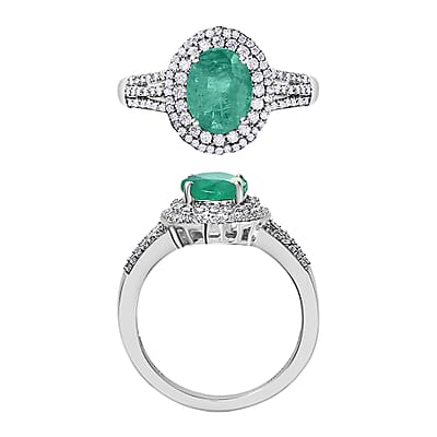 Luxoro Premium Kagem Zambian Emerald and G-H I1 Diamond 2.40 ctw Double Halo Ring in 14K White Gold (Size 10.0) 6.85 Grams