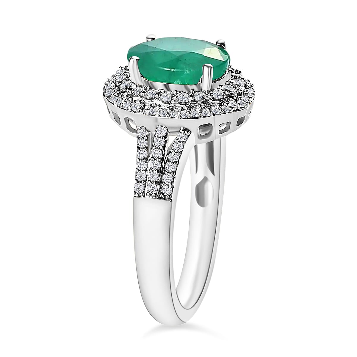 Luxoro Premium Kagem Zambian Emerald and G-H I1 Diamond 2.40 ctw Double Halo Ring in 14K White Gold (Size 10.5) 6.85 Grams