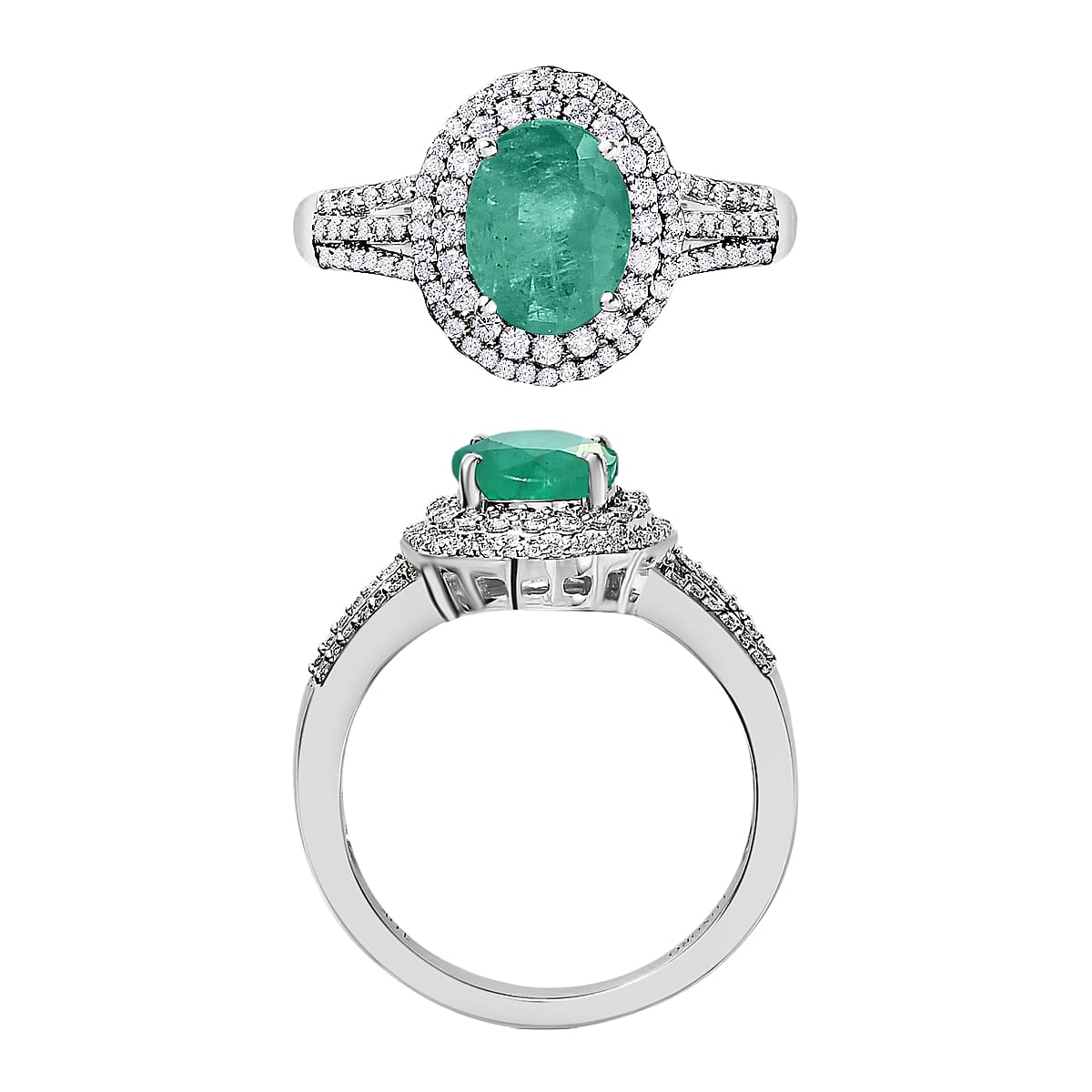 Luxoro Premium Kagem Zambian Emerald and G-H I1 Diamond 2.40 ctw Double Halo Ring in 14K White Gold (Size 6.5) (Del. in 10-12 Days) image number 3