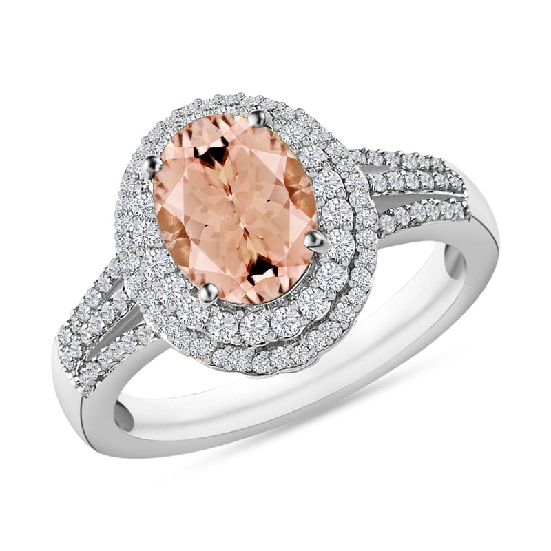 Luxoro Premium Pink Morganite and G-H I1 Diamond 3.00 ctw Double Halo Ring in 14K White Gold (Size 10.0) 6.85 Grams