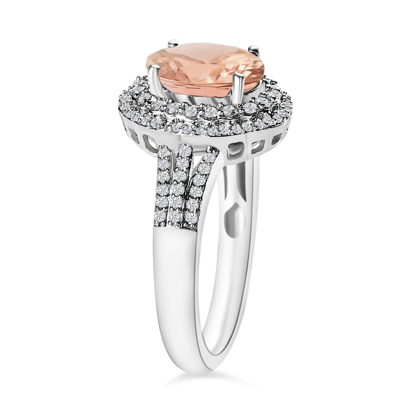 Luxoro Premium Pink Morganite and G-H I1 Diamond 3.00 ctw Double Halo Ring in 14K White Gold (Size 10.0) 6.85 Grams