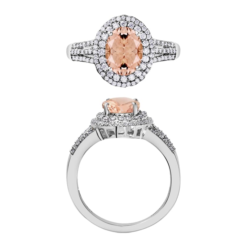 Luxoro Premium Pink Morganite and G-H I1 Diamond 3.00 ctw Double Halo Ring in 14K White Gold (Size 10.0) 6.85 Grams