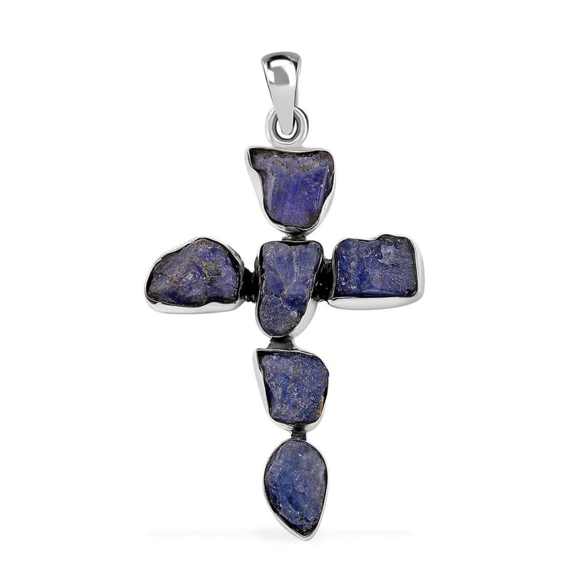 D'Joy Artisan Crafted Rough Cut Tanzanite 20.65 ctw Cross Pendant without Chain in Sterling Silver
