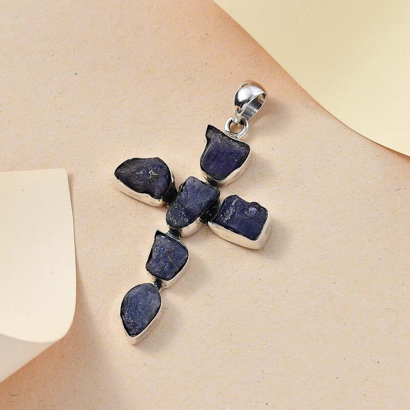 D'Joy Artisan Crafted Rough Cut Tanzanite 20.65 ctw Cross Pendant without Chain in Sterling Silver
