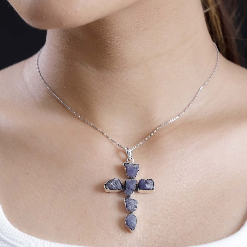 D'Joy Artisan Crafted Rough Cut Tanzanite 20.65 ctw Cross Pendant without Chain in Sterling Silver