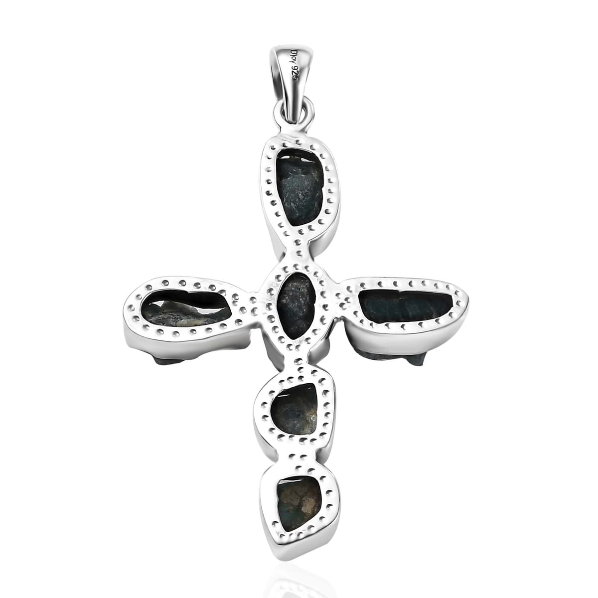 Artisan Crafted Rough Cut Teal Grandidierite 25.50 ctw Cross Pendant without Chain in Sterling Silver image number 4