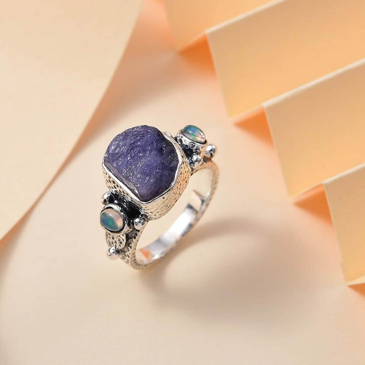 Artisan Crafted Rough Cut Tanzanite and Ethiopian Welo Opal 4.90 ctw Ring in Sterling Silver (Size 10.0) image number 1