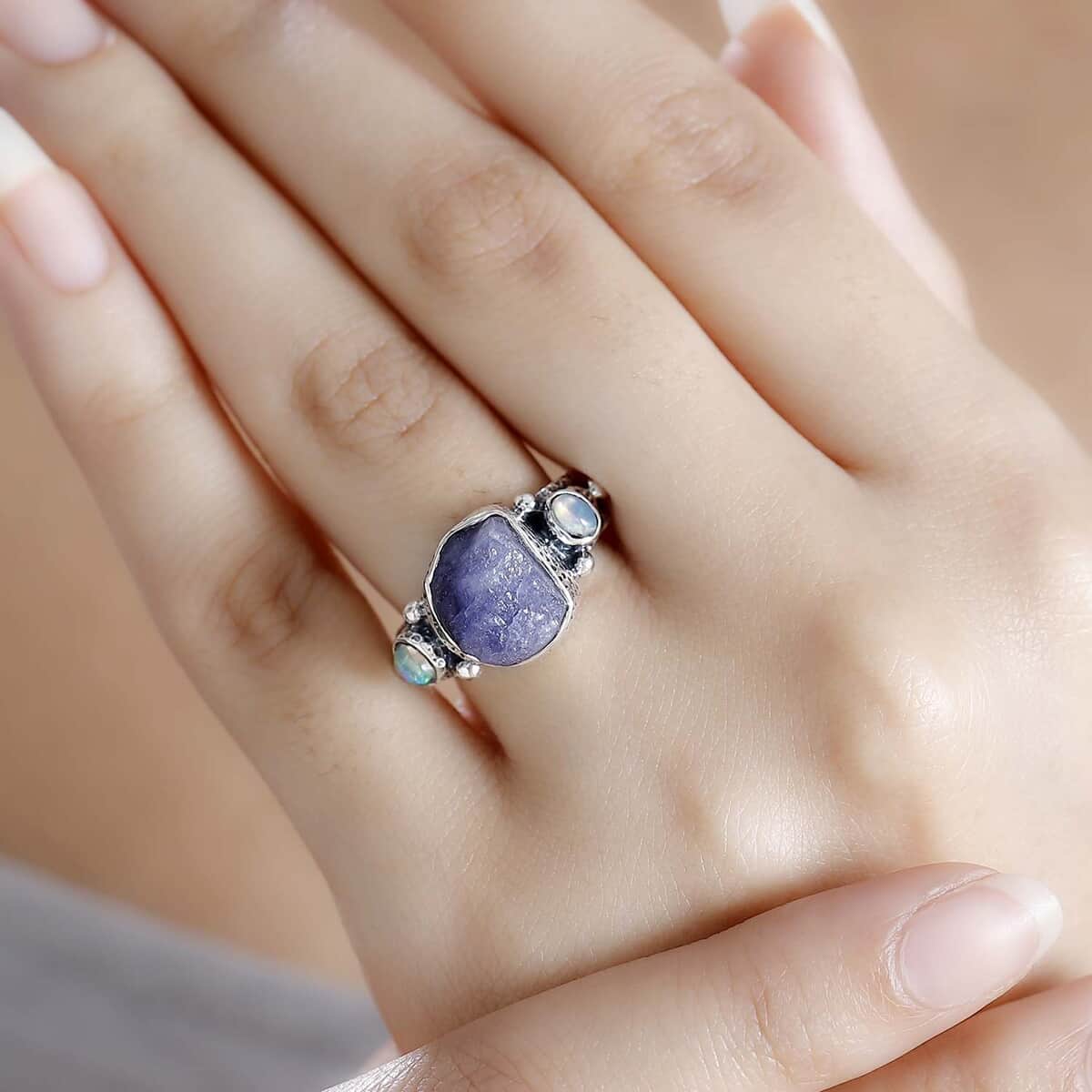 Artisan Crafted Rough Cut Tanzanite and Ethiopian Welo Opal 4.90 ctw Ring in Sterling Silver (Size 10.0) image number 2