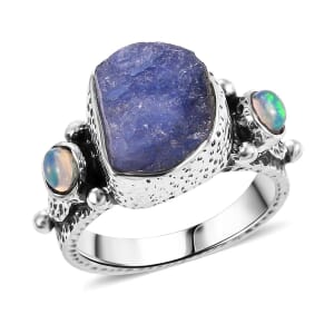 Artisan Crafted Rough Cut Tanzanite and Ethiopian Welo Opal 4.90 ctw Ring in Sterling Silver (Size 7.0)