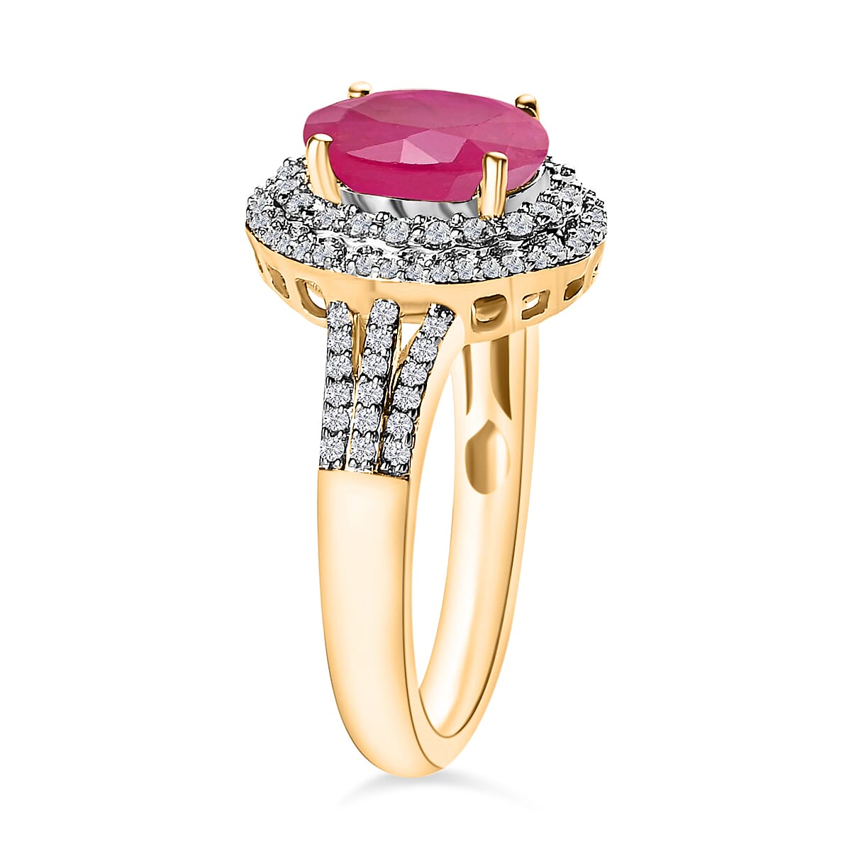 Luxoro Premium Mozambique Ruby and G-H I1 Diamond 3.20 ctw Double Halo Ring in 14K Yellow Gold (Size 6.5) image number 2