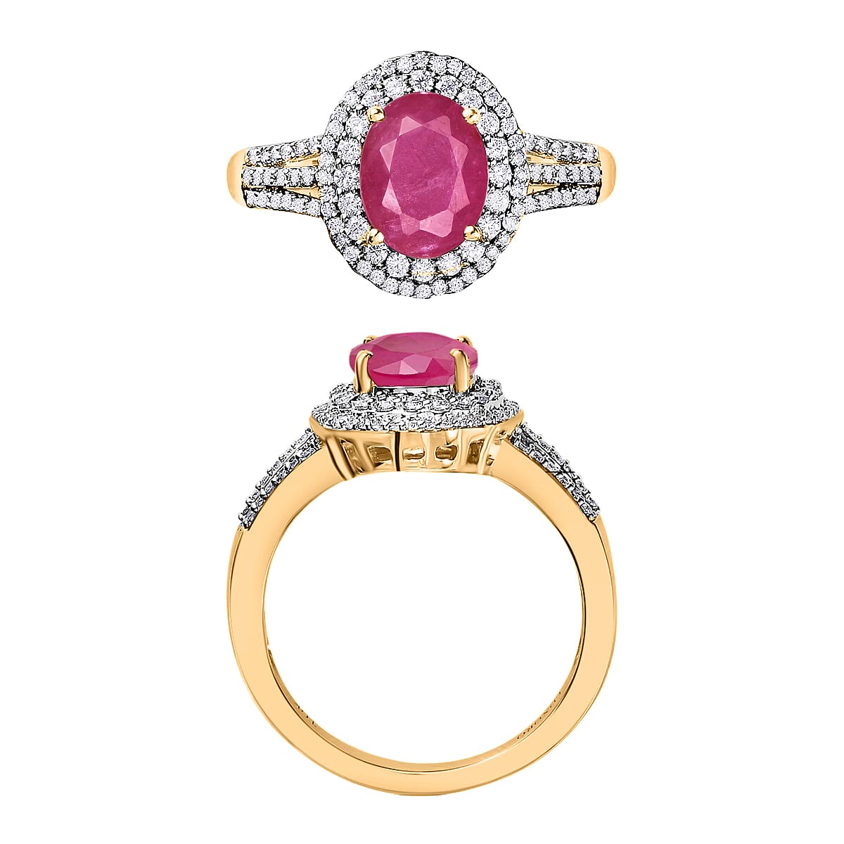 Luxoro Premium Mozambique Ruby and G-H I1 Diamond 3.20 ctw Double Halo Ring in 14K Yellow Gold (Size 6.5) image number 3