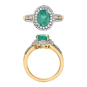 Luxoro Premium Kagem Zambian Emerald and G-H I1 Diamond 2.40 ctw Double Halo Ring in 14K Yellow Gold (Size 10.0) (Del. in 10-12 Days)