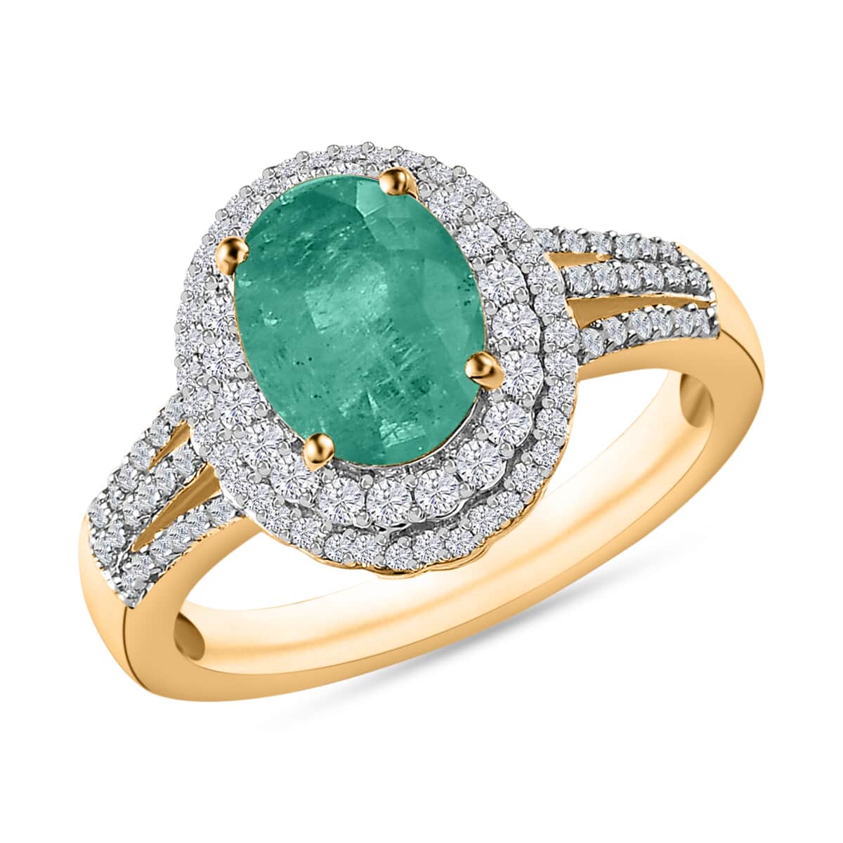 Luxoro Premium Kagem Zambian Emerald and G-H I1 Diamond 2.40 ctw Double Halo Ring in 14K Yellow Gold (Size 8.0) image number 0