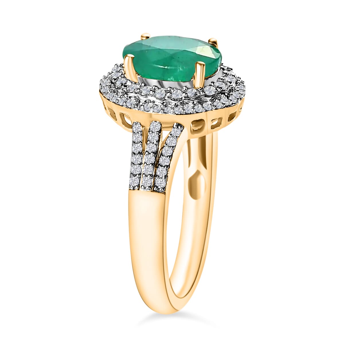 Luxoro Premium Kagem Zambian Emerald and G-H I1 Diamond 2.40 ctw Double Halo Ring in 14K Yellow Gold (Size 8.0) image number 2