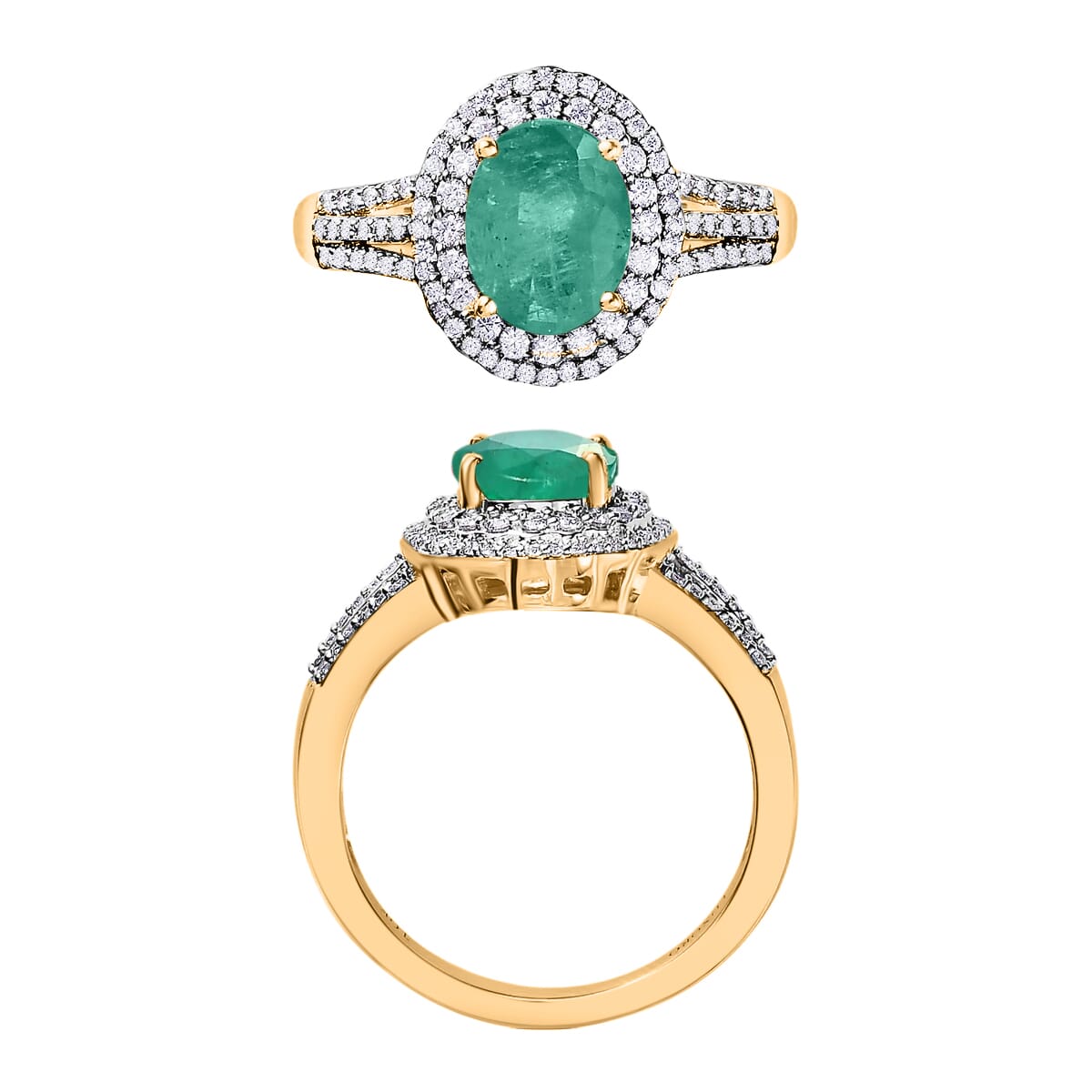 Luxoro Premium Kagem Zambian Emerald and G-H I1 Diamond 2.40 ctw Double Halo Ring in 14K Yellow Gold (Size 8.0) image number 3
