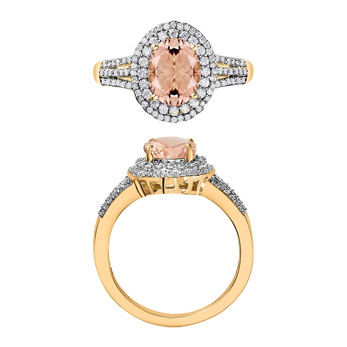 Luxoro Premium Pink Morganite and G-H I1 Diamond 3.00 ctw Double Halo Ring in 14K Yellow Gold (Size 11.5) (Del. in 10-12 Days) image number 3