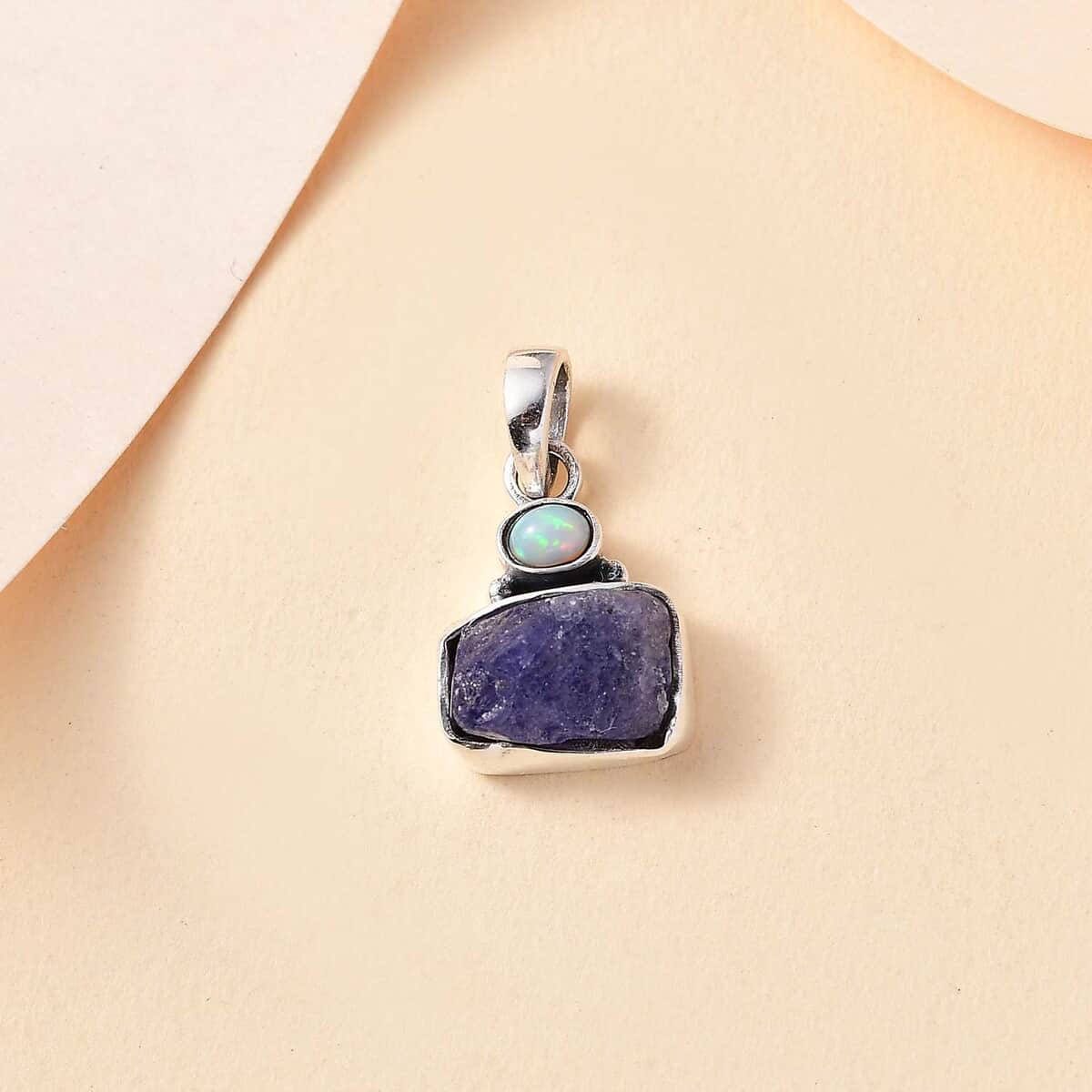 Artisan Crafted Rough Cut Tanzanite and Ethiopian Welo Opal 5.15 ctw Pendant in Sterling Silver image number 1