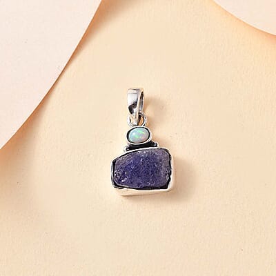 D'Joy Artisan Crafted Rough Cut Tanzanite and Ethiopian Welo Opal 5.15 ctw Pendant without Chain in Sterling Silver