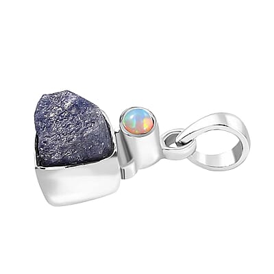 D'Joy Artisan Crafted Rough Cut Tanzanite and Ethiopian Welo Opal 5.15 ctw Pendant without Chain in Sterling Silver