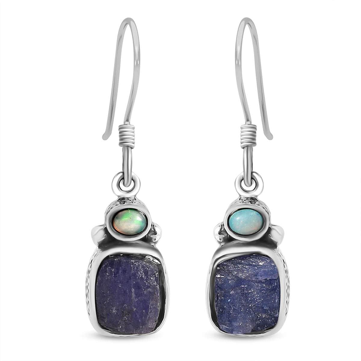 Artisan Crafted Rough Cut Tanzanite and Ethiopian Welo Opal 10.75 ctw Dangle Earrings in Sterling Silver image number 0